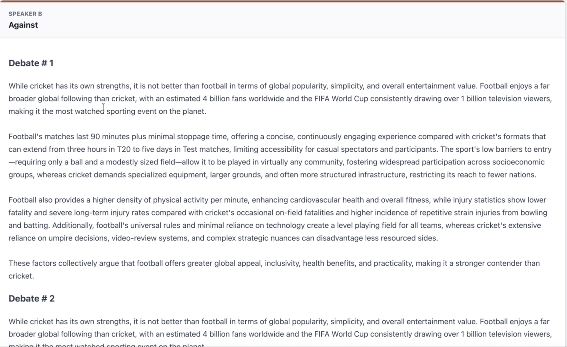 Screenshot of a debate agent interface